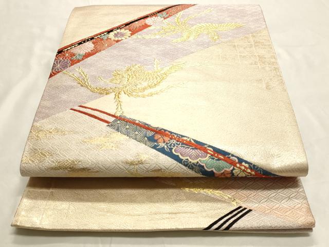 平和屋着物◎六通柄袋帯 扇面吉祥花鳥文 金糸 正絹 逸品 AAAM5748cx