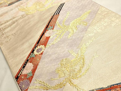 平和屋着物◎六通柄袋帯 扇面吉祥花鳥文 金糸 正絹 逸品 AAAM5748cx