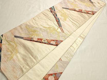 平和屋着物◎六通柄袋帯 扇面吉祥花鳥文 金糸 正絹 逸品 AAAM5748cx