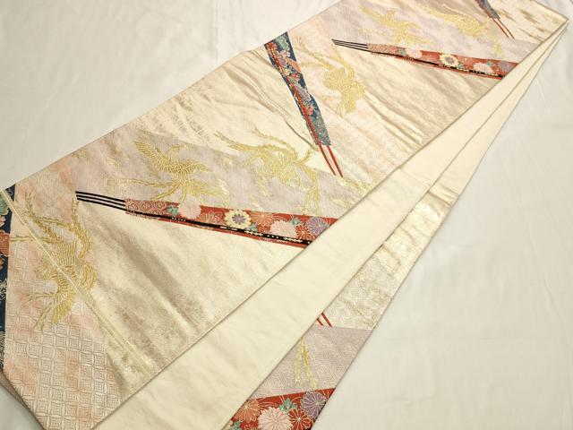 平和屋着物◎六通柄袋帯 扇面吉祥花鳥文 金糸 正絹 逸品 AAAM5748cx