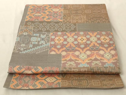 平和屋着物◎六通柄袋帯 色紙幾何学花文 正絹 逸品 AAAM5767cx