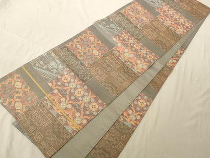 平和屋着物◎六通柄袋帯 色紙幾何学花文 正絹 逸品 AAAM5767cx