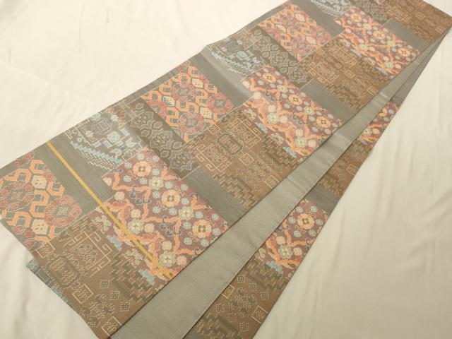平和屋着物◎六通柄袋帯 色紙幾何学花文 正絹 逸品 AAAM5767cx