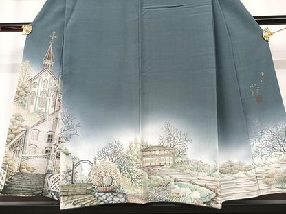 平和屋着物●伝統工芸士 京友禅染色作家 田家鬼彩 訪問着 風景樹林文 暈し染め 正絹 逸品 AAAM5979ph