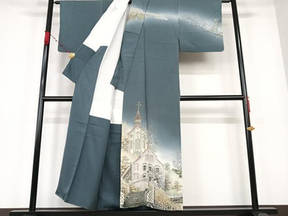 平和屋着物●伝統工芸士 京友禅染色作家 田家鬼彩 訪問着 風景樹林文 暈し染め 正絹 逸品 AAAM5979ph