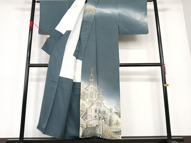 平和屋着物●伝統工芸士 京友禅染色作家 田家鬼彩 訪問着 風景樹林文 暈し染め 正絹 逸品 AAAM5979ph