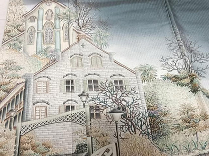 平和屋着物●伝統工芸士 京友禅染色作家 田家鬼彩 訪問着 風景樹林文 暈し染め 正絹 逸品 AAAM5979ph