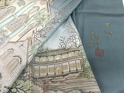 平和屋着物●伝統工芸士 京友禅染色作家 田家鬼彩 訪問着 風景樹林文 暈し染め 正絹 逸品 AAAM5979ph