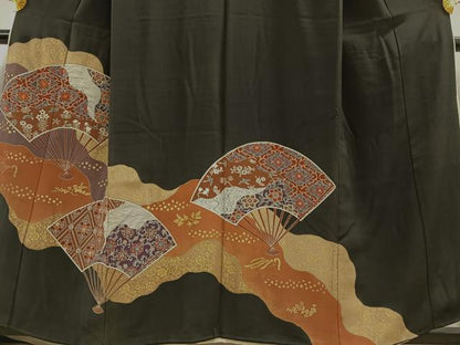 平和屋着物■豪華黒留袖　駒刺繍　扇面花文　金彩　正絹　逸品　AAAM6315sa