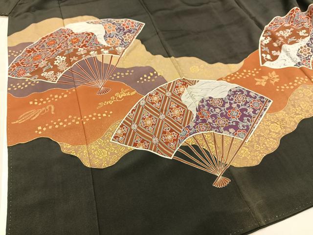 平和屋着物■豪華黒留袖　駒刺繍　扇面花文　金彩　正絹　逸品　AAAM6315sa