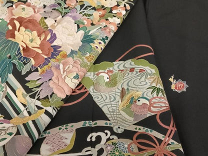 平和屋着物●豪華黒留袖 作家物 刺繍 檜扇扇面枝花文 金糸 正絹 逸品 AAAM6820ph