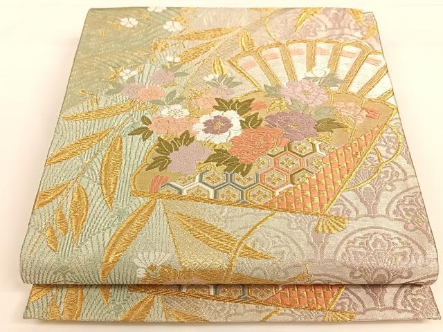 平和屋着物◎六通柄袋帯 扇面吉祥花文 金銀糸 正絹 逸品 AAAM6937ey