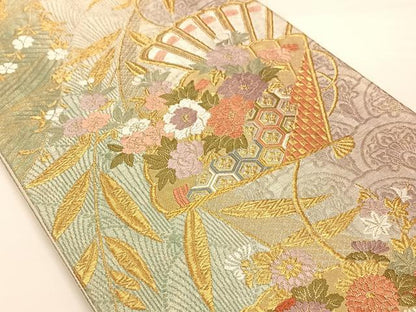 平和屋着物◎六通柄袋帯 扇面吉祥花文 金銀糸 正絹 逸品 AAAM6937ey