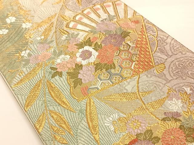 平和屋着物◎六通柄袋帯 扇面吉祥花文 金銀糸 正絹 逸品 AAAM6937ey