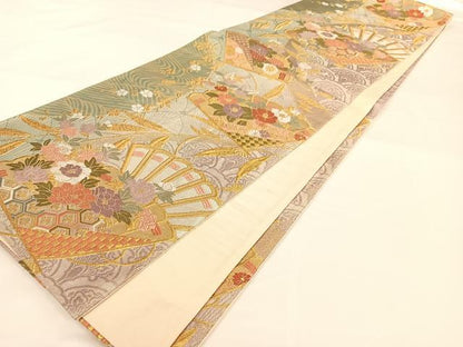 平和屋着物◎六通柄袋帯 扇面吉祥花文 金銀糸 正絹 逸品 AAAM6937ey