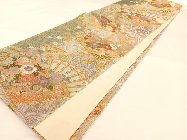 平和屋着物◎六通柄袋帯 扇面吉祥花文 金銀糸 正絹 逸品 AAAM6937ey