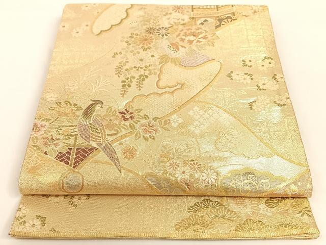 平和屋着物◎佐賀錦 六通柄袋帯 絵巻風景花鳥文 金糸 正絹 逸品 AAAM7002ey