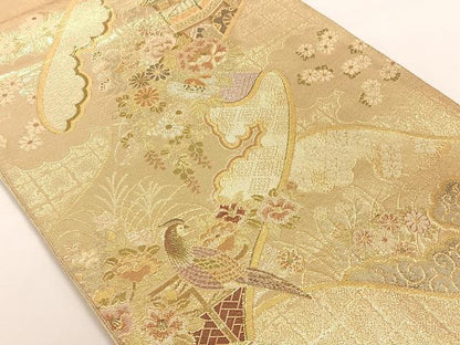 平和屋着物◎佐賀錦 六通柄袋帯 絵巻風景花鳥文 金糸 正絹 逸品 AAAM7002ey