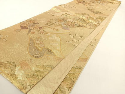 平和屋着物◎佐賀錦 六通柄袋帯 絵巻風景花鳥文 金糸 正絹 逸品 AAAM7002ey