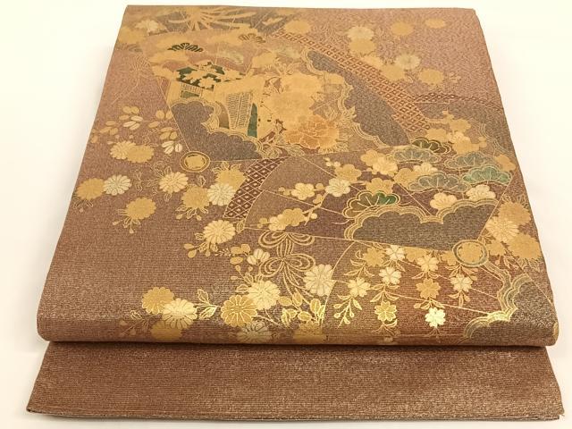 平和屋着物◎太鼓柄袋帯 扇面御所車花鳥文 金彩 正絹 逸品 AAAM7003ey