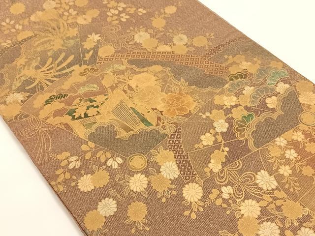 平和屋着物◎太鼓柄袋帯 扇面御所車花鳥文 金彩 正絹 逸品 AAAM7003ey