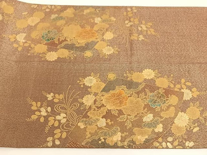 平和屋着物◎太鼓柄袋帯 扇面御所車花鳥文 金彩 正絹 逸品 AAAM7003ey
