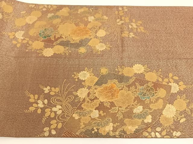 平和屋着物◎太鼓柄袋帯 扇面御所車花鳥文 金彩 正絹 逸品 AAAM7003ey