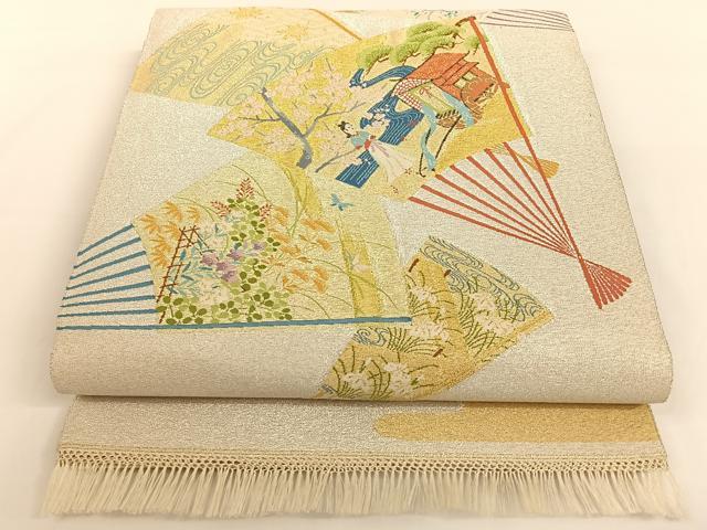 平和屋着物◎綴れ 太鼓柄袋帯 扇面人物風景文 金銀糸 正絹 逸品 AAAM7005ey