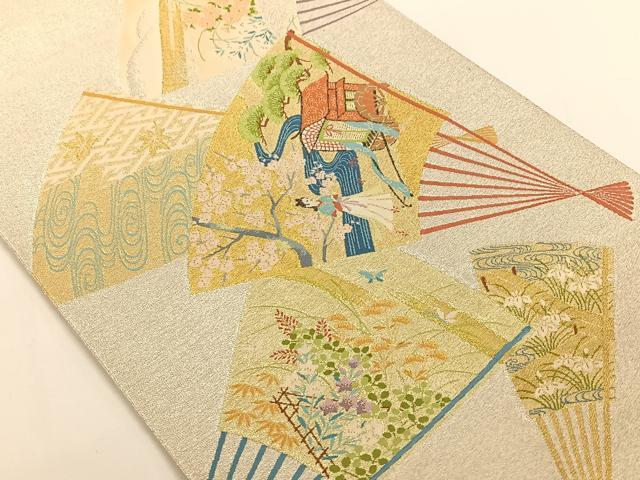 平和屋着物◎綴れ 太鼓柄袋帯 扇面人物風景文 金銀糸 正絹 逸品 AAAM7005ey