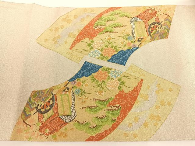 平和屋着物◎綴れ 太鼓柄袋帯 扇面人物風景文 金銀糸 正絹 逸品 AAAM7005ey