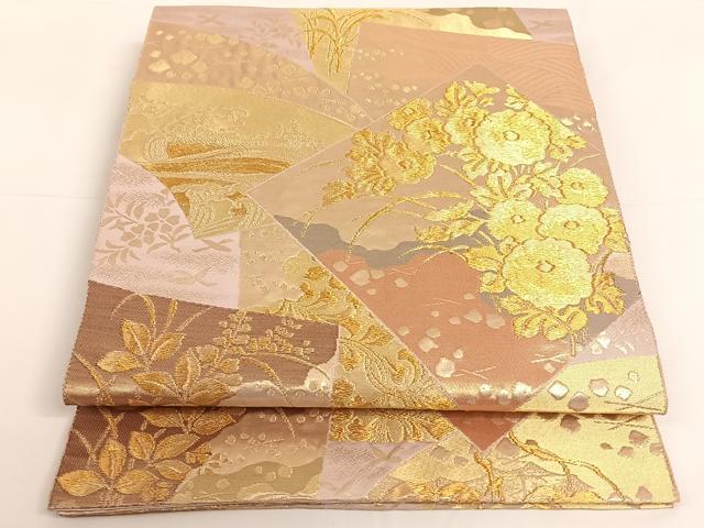 平和屋着物◎両面六通柄袋帯　色紙吉祥花文　金糸　正絹　逸品　AAAM7031ey