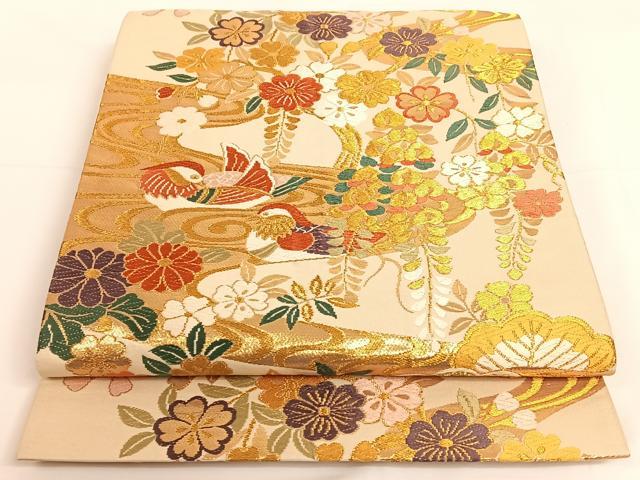 平和屋着物◎六通柄袋帯 唐織 流水鴛鴦花文 銀糸 正絹 逸品 AAAM7035ey