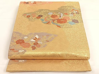 平和屋着物◎六通柄袋帯　唐織　雲取孔雀花文　金糸　正絹　逸品　AAAM7039ey