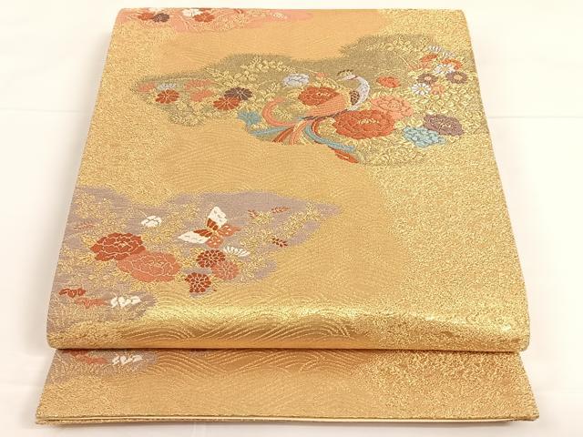 平和屋着物◎六通柄袋帯　唐織　雲取孔雀花文　金糸　正絹　逸品　AAAM7039ey