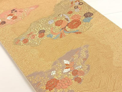 平和屋着物◎六通柄袋帯　唐織　雲取孔雀花文　金糸　正絹　逸品　AAAM7039ey