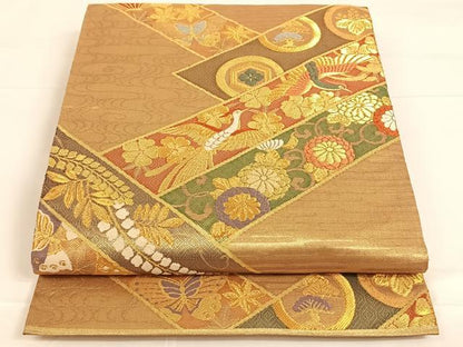 平和屋着物◎六通柄袋帯 吉祥花鳥文 金糸 正絹 逸品 AAAM7043ey