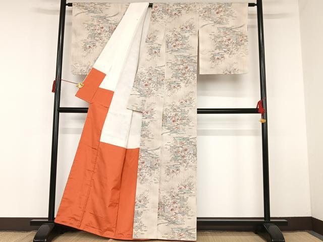 平和屋着物■上質な紬　風景草花文　正絹　逸品　AAAM7311oa