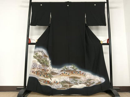 平和屋着物■豪華黒留袖 手描き 人物風景文 暈し染め 金彩 正絹 逸品 AAAM7617np