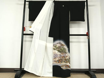 平和屋着物■豪華黒留袖 手描き 人物風景文 暈し染め 金彩 正絹 逸品 AAAM7617np