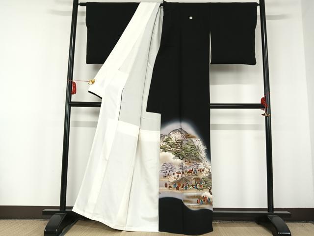 平和屋着物■豪華黒留袖 手描き 人物風景文 暈し染め 金彩 正絹 逸品 AAAM7617np