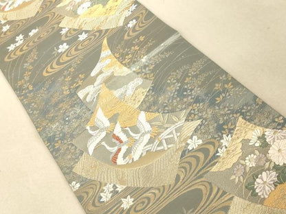 平和屋着物◎西陣 六通柄袋帯 唐織 流水飛鶴花文 金糸 正絹 逸品 AAAM7750fw