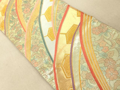 平和屋着物◎両面六通柄袋帯 唐織 源氏車草花文 金糸 正絹 逸品 AAAM7762fw