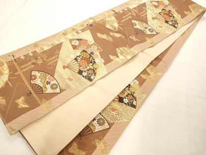 平和屋着物◎六通柄袋帯 唐織 扇枝花文 金糸 正絹 逸品 AAAM7780fw