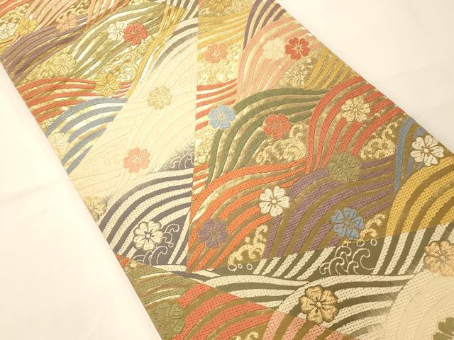 平和屋着物◎六通柄袋帯 唐織 切嵌流水舞桜文 金糸 引箔 正絹 逸品 AAAM7798fw