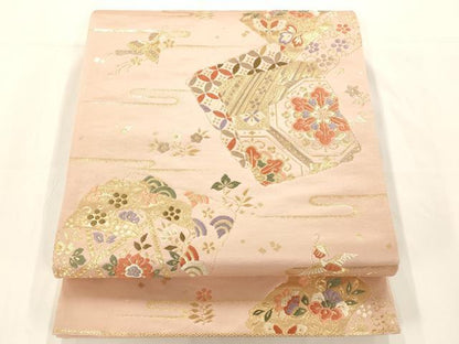 平和屋着物◎六通柄袋帯 唐織 色紙枝花文 金糸 正絹 逸品 AAAM7823fw