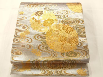 平和屋着物◎六通柄袋帯 流水花鳥丸文 金銀糸 正絹 逸品 AAAM7827fw