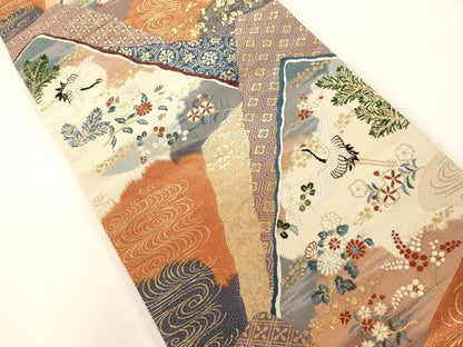 平和屋着物◎六通柄袋帯 唐織 御所解鶴華文 金糸 正絹 逸品 AAAM7829fw