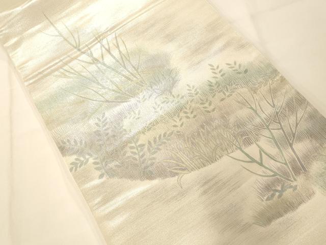 平和屋着物◎太鼓柄袋帯 手描き 流水草文 銀糸 引箔 正絹 逸品 AAAM7845fw