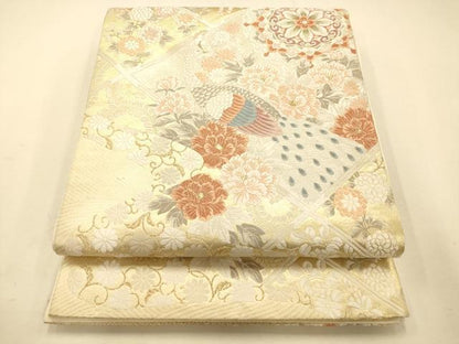 平和屋着物◎六通柄袋帯 唐織 天井孔雀草花文 金糸 正絹 逸品 AAAM7868fw