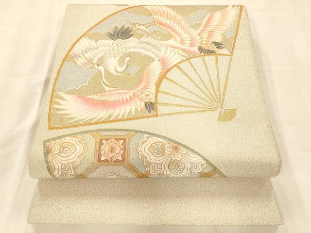 平和屋着物◎綴れ 太鼓柄袋帯 手描き 扇天井双鶴花文 金銀彩 正絹 逸品 AAAM7905fw
